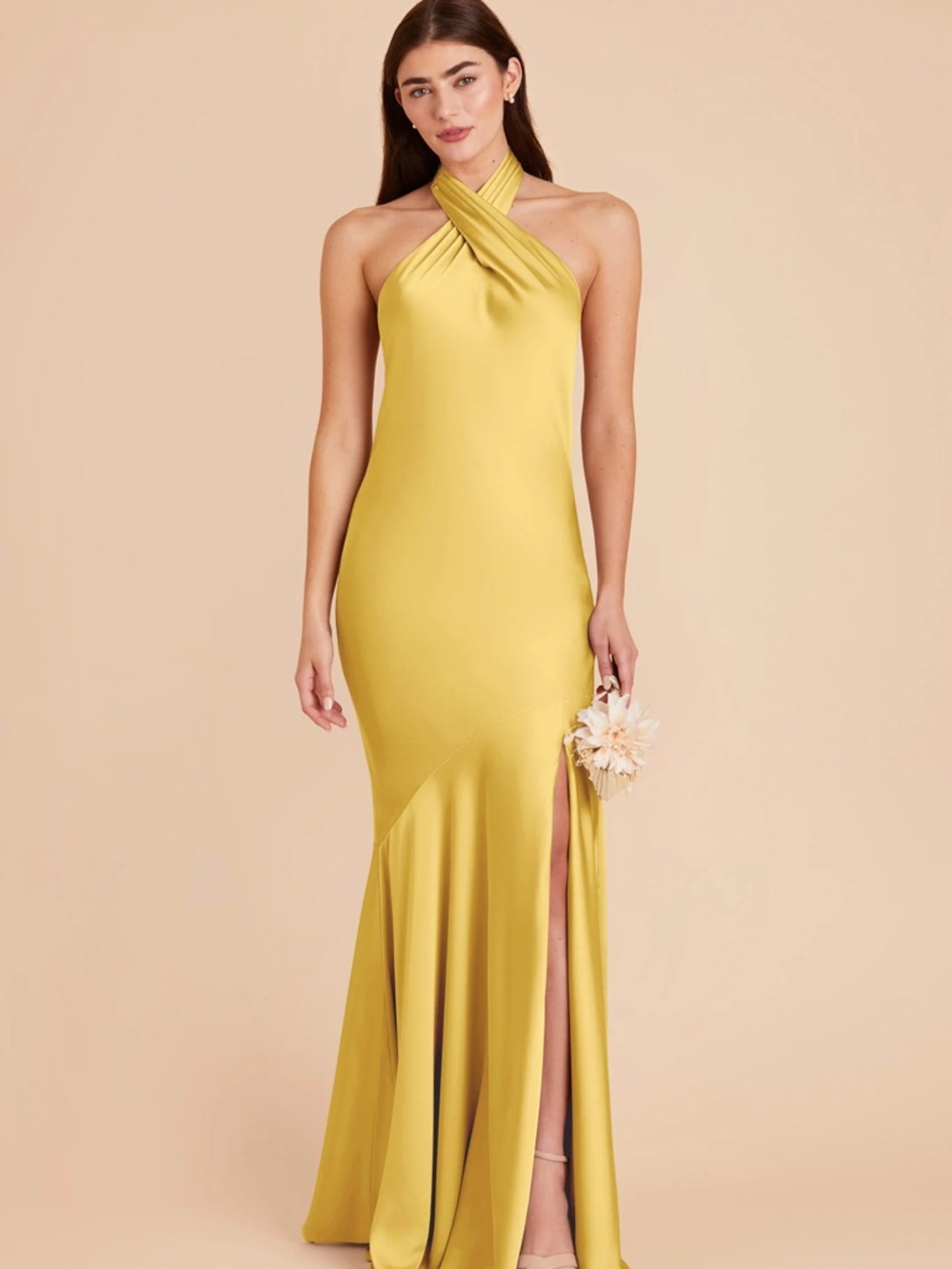 Birdy Grey Yellow Satin Halter Maxi Dress with Side Slit